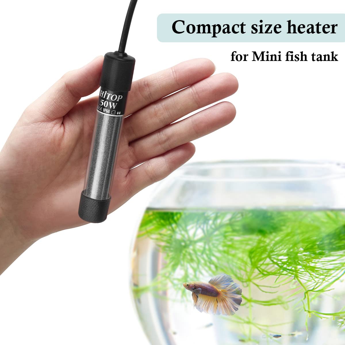 HITOP Mini Submersible Aquarium Heater 50W for 5-15 Gallon Tanks with Temperature Controller, Ideal for Freshwater & Saltwater Use