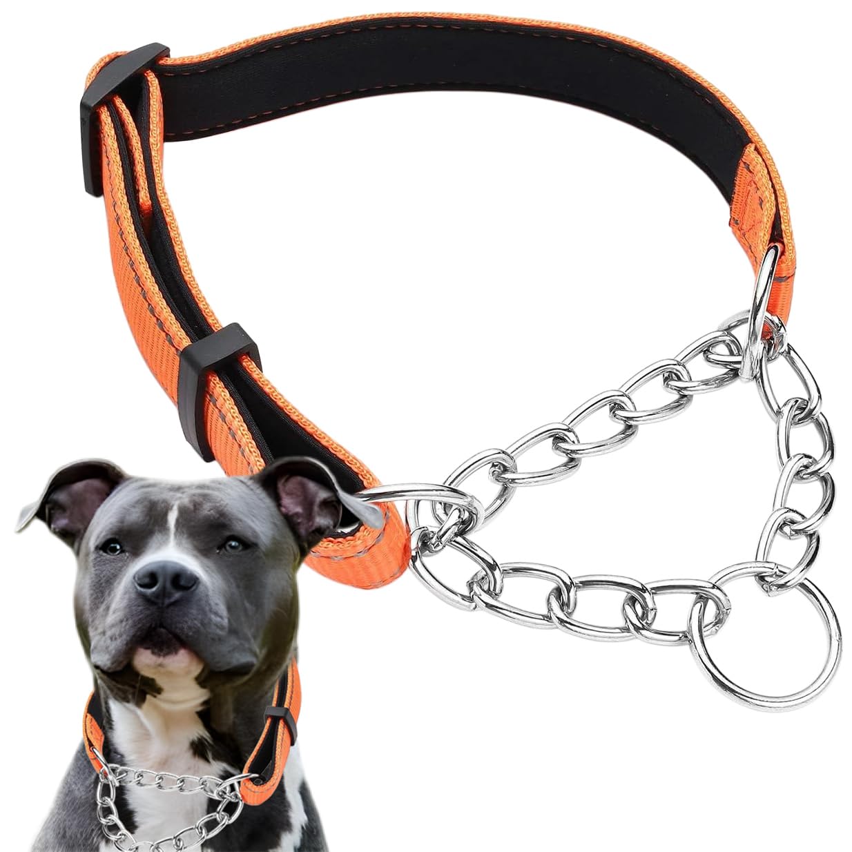 Orange Martingale Collar For Dogs, Reflective Nylon Dog Collar Adjustable Stainless Steel Chain Collar Female No Pull Pet Traini