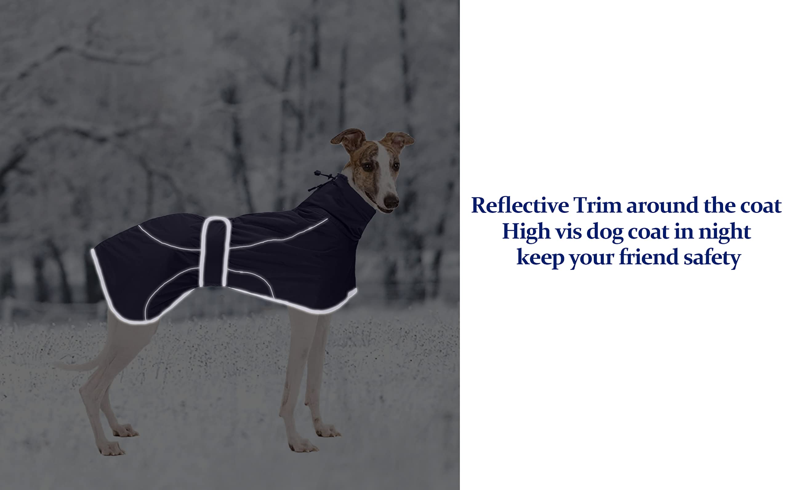 Greyhound Winter Coat, Whippet Coat With Padded Fleece Lining, Water Resistant Dog Jacket With Adjustable Bands And Reflective - Navy - Large