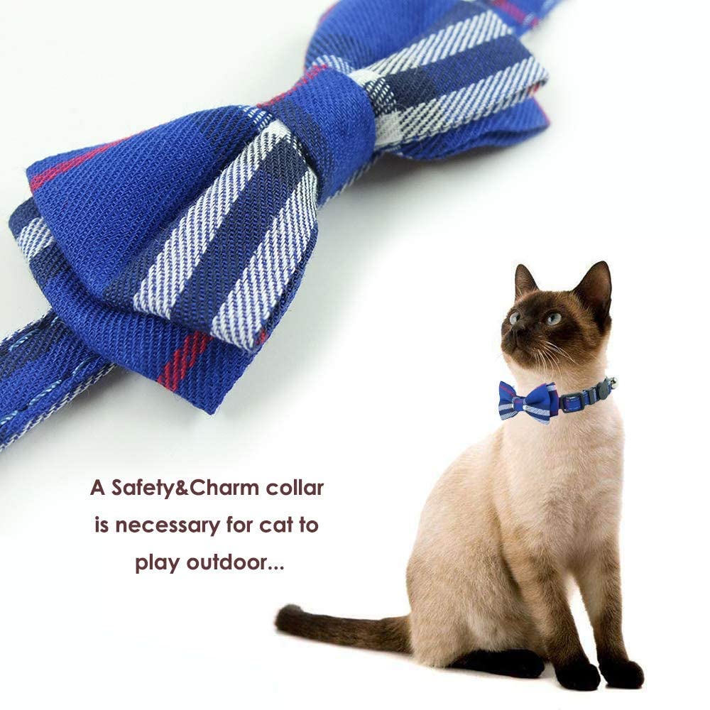 Cat Collar Breakaway With Bell And Bow Tie, Plaid Design Adjustable Safety Kitty Kitten Collars(6.8-10.8In) (Blue Plaid 1)