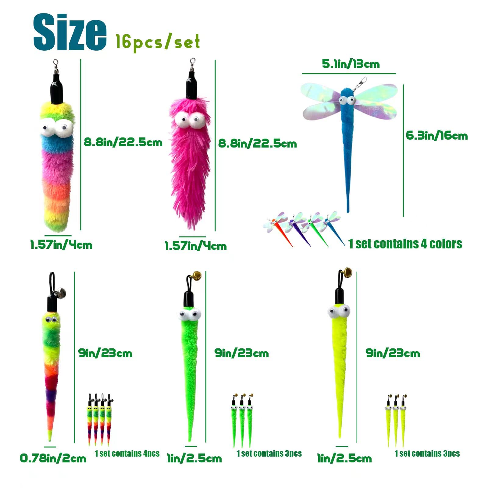 Cat Worm Teaser Toys Wand Attachments Fishing Pole Toy Refill - 16Pcs Assorted Cat Worms