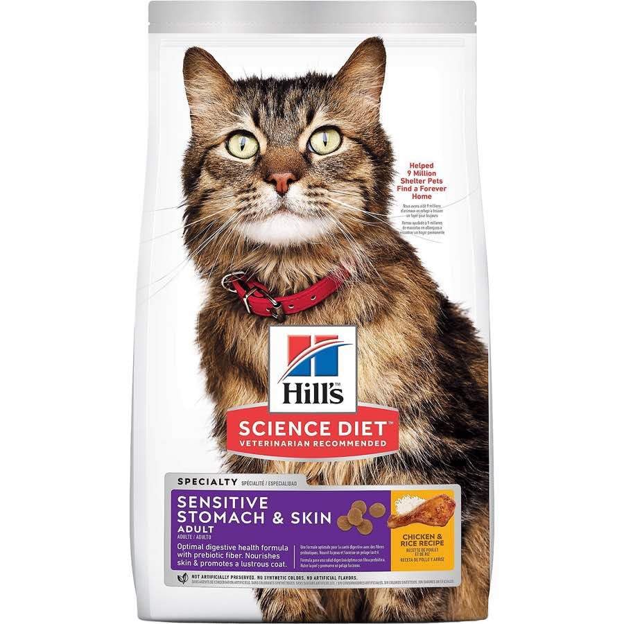 Hills Science Diet Sensitive Stomach & Skin, Adult 1-6, Stomach & Skin Sensitivity Support, Dry Cat Food, Chicken & Rice, 7 lb
