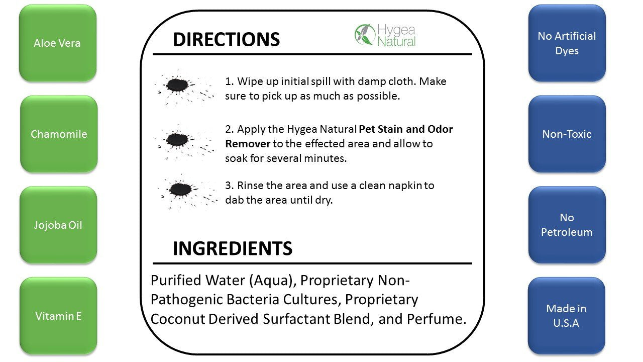 Hygea Natural Stain And Odor Eliminator, Pet Odor And Stain Remover For Urine & Vomit, Spot Carpet Cleaner For Small Animal, 16 Oz