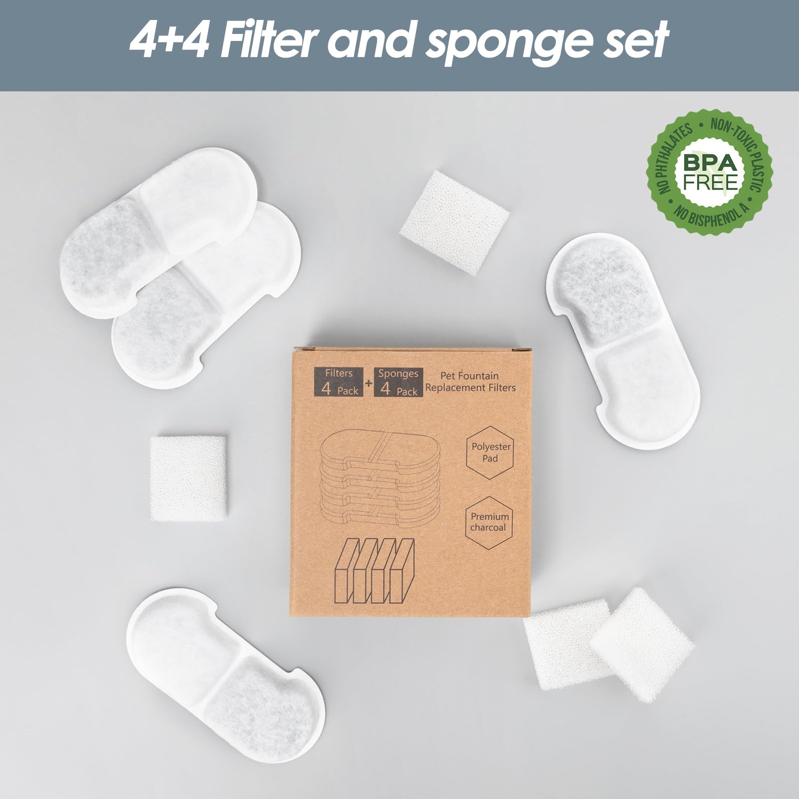SEIRMEP Official 4 Packs Cat Water Fountain Replacement Filters & Pre-Filter Sponges for 101oz/3L Stainless Steel Cat Water Foun
