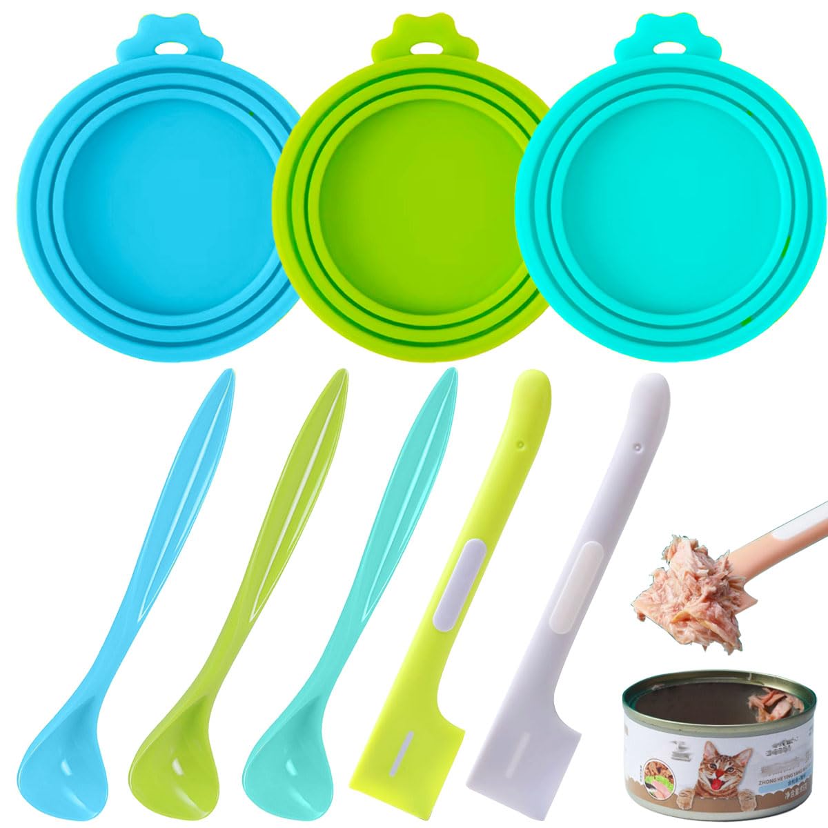 Ainvhh 8 PACK Can Lids, Pet Food Can Cover and Food Mixing Spoons Food Canned Scoop, Fits Most Standard Size Dog and Cat Can Top