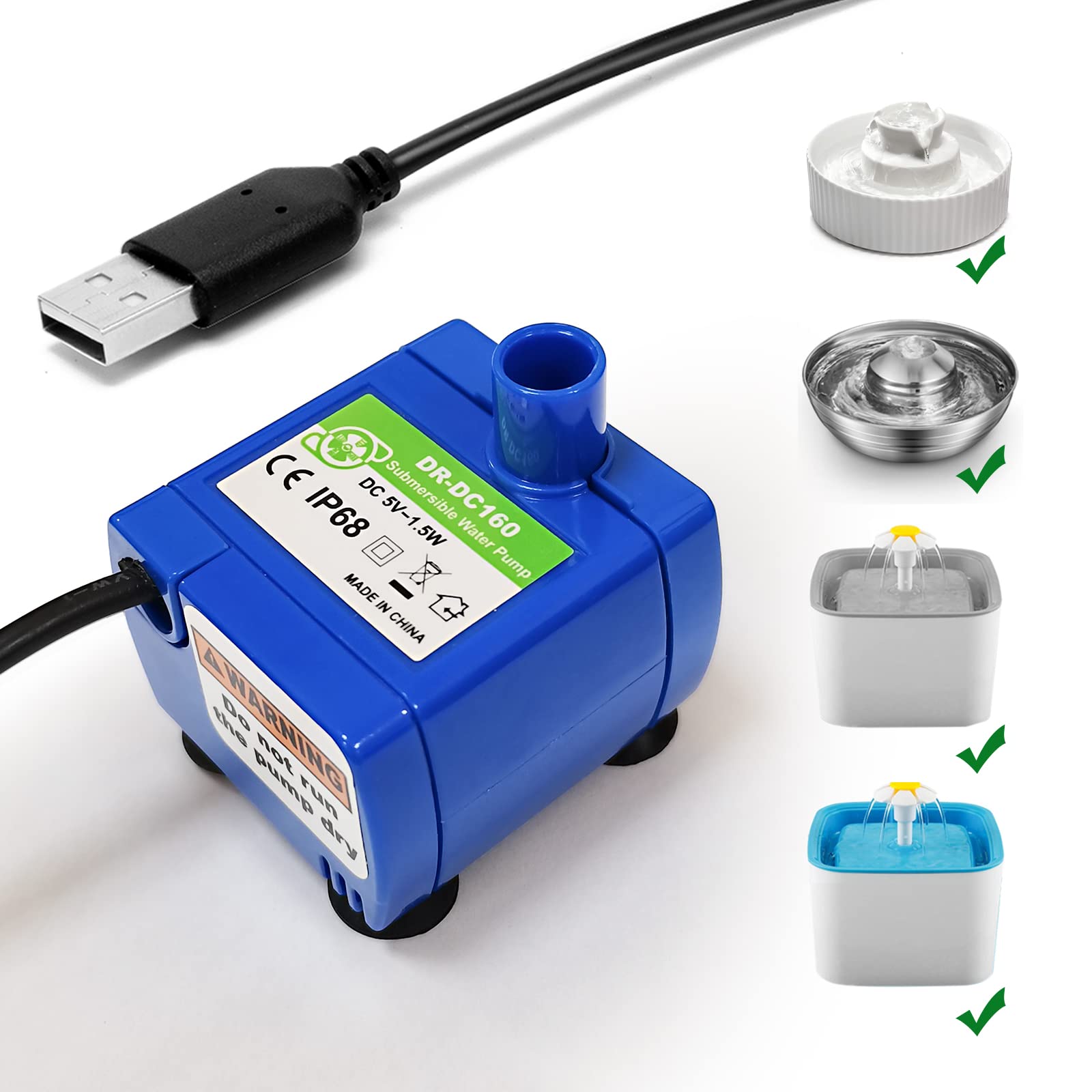 Cat Water Fountain Pump,Pet Fountain Pump Replacement Pump Dr-Dc160 Motor For 360°Stainless Steel Cat Fountain And Cupcake Ceramic Cat Drinking Fountain(No Led Light)