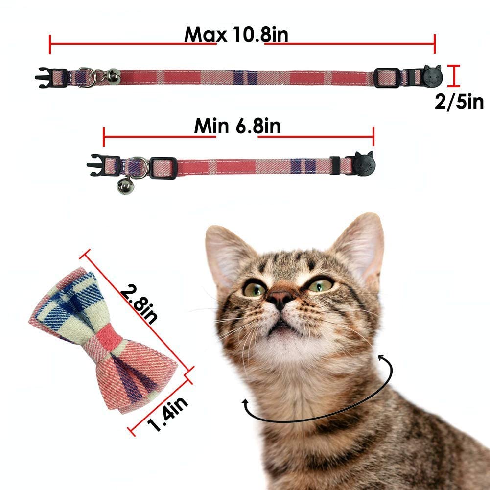 Cat Collar Breakaway With Bell And Bow Tie, Plaid Design Adjustable Safety Kitty Kitten Collars(6.8-10.8In)(Pink Plaid 2)