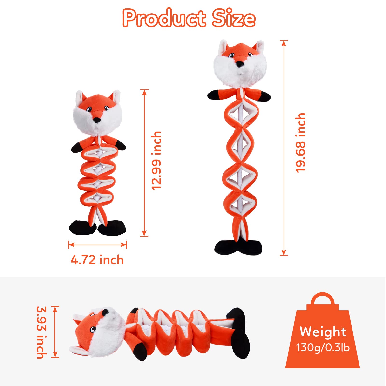 Warmtoy Plush Dog Toy In Orange Fox Shape, Durable And Interactive Dog Toy For Tug Of War And Chew Play For Small And Medium Dog
