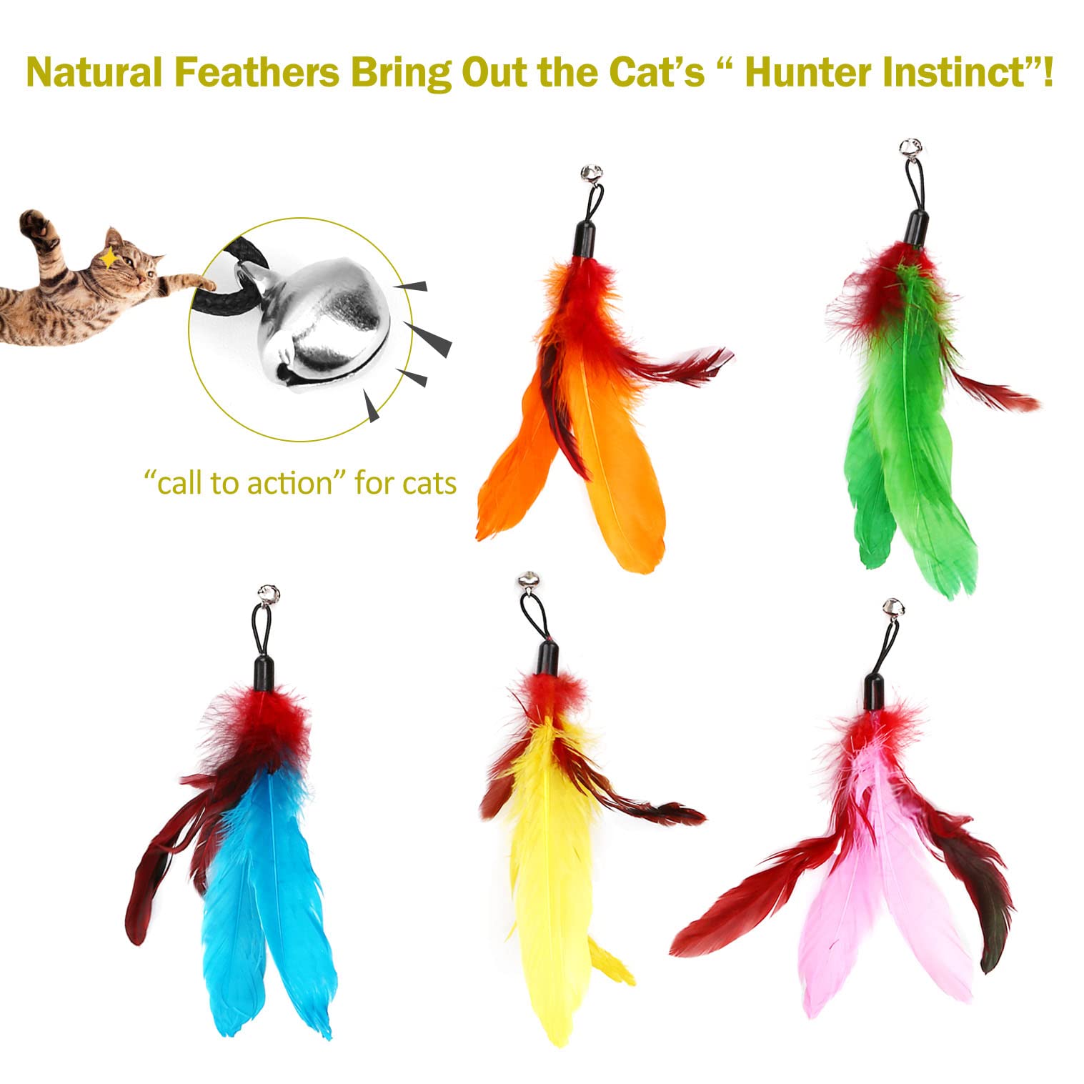 Meohui Cat Wand Toys Refills, Cat Feather Toys Accessories, 10Pcs Squiggly Worms Replacements And 1Pc Replacement String For Cat Fishing Pole, Assorted Teaser Refills With Bell For Indoor Cats Kitten