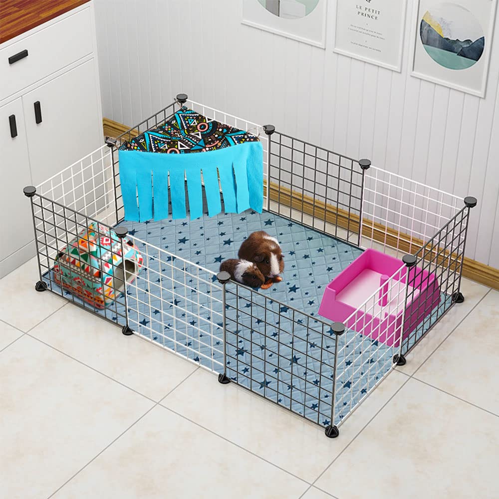 Rioussi Guinea Pig Hideout Hideaway Corner Fleece Toys Cage Accessories With Reversible Sides, Geo/Gray-Green+Blue, Pack Of 2
