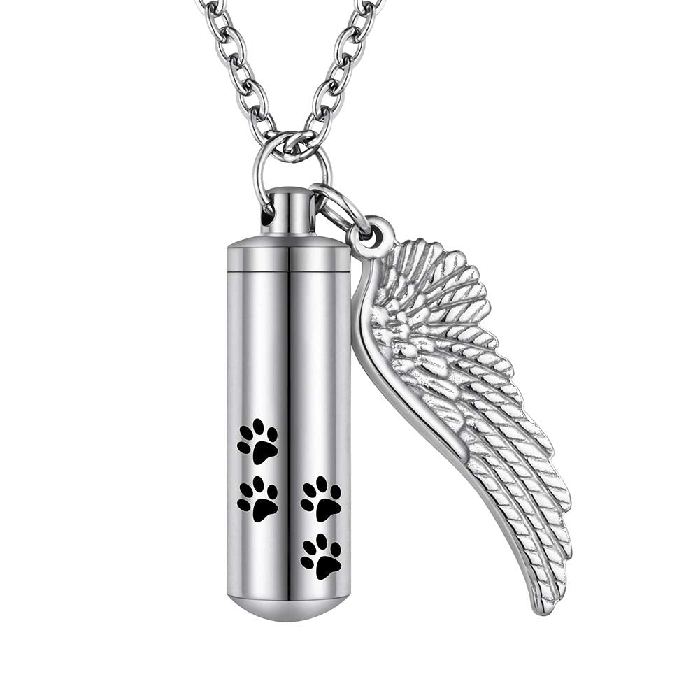 Abooxiu Cylinder Cremation Necklace For Pet Ashes Urn Necklace With Angel Wing Pet Paw Ashes Necklace For Dog/Cat Pet Memorial Keepsake Jewelry