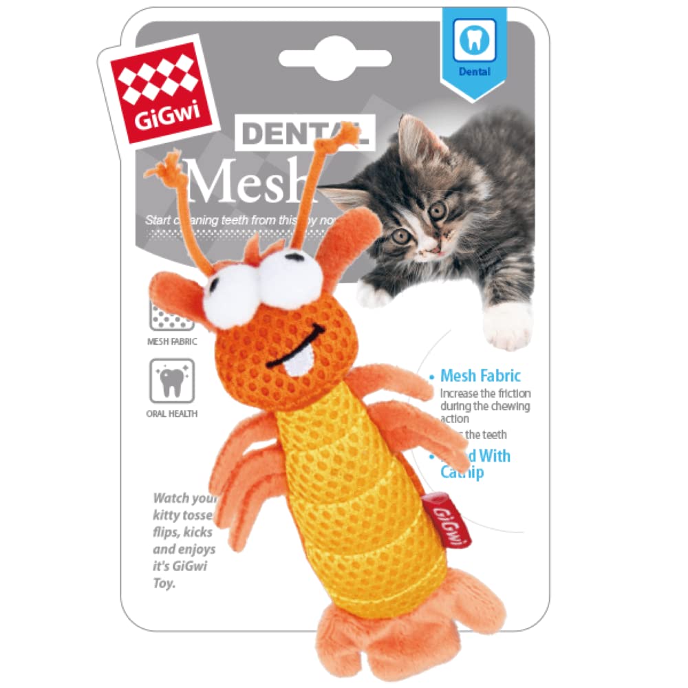 Gigwi Dental Mesh Shrimp Cat Toy, Cat Dental Chew Toy With Mesh Fabric For Tartar & Plaque Removal, Encourages Back Teeth Use, P