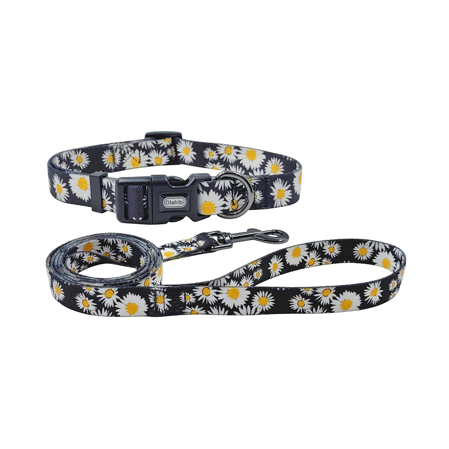 Olahibi Dog Collar And Leash Set, Cute Daisy Pattern, Polyester Material, 5Ft Leash, For Medium Dogs.(Medium,Black Daisy)