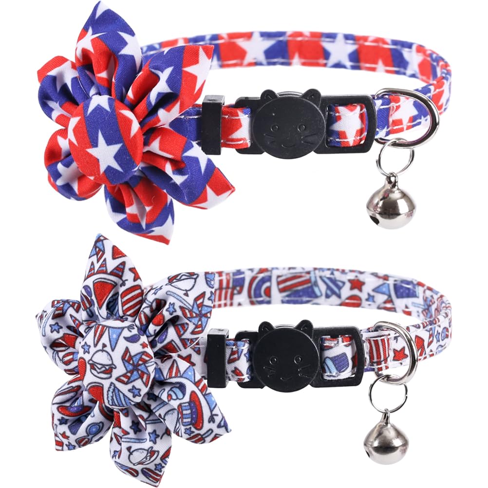 Lamphyface American Flag Cat Collar With Bell Sunflower Star Adjustable 4Th Of July Breakaway Cat Kitten Collars For Independenc