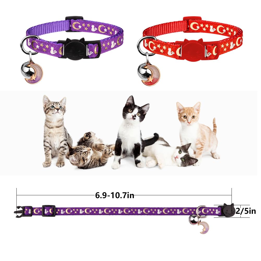 2Pcs Breakaway Cat Collars With Bell Cute Kitty Glow In The Dark Adjustable Kitten Collars(Red&Purple)