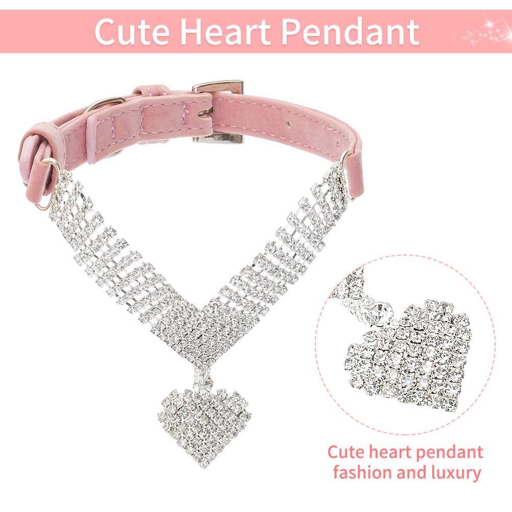 Expawlorer Cute Dog Necklace - Rhinestone Dog Collar, Soft Velvet Collar For Girl Boy Cats Dogs, Sparkling Pet Neck Decoration, Adjustable Pet Collar For Puppies Cats Small Medium Dogs, Pink Xs