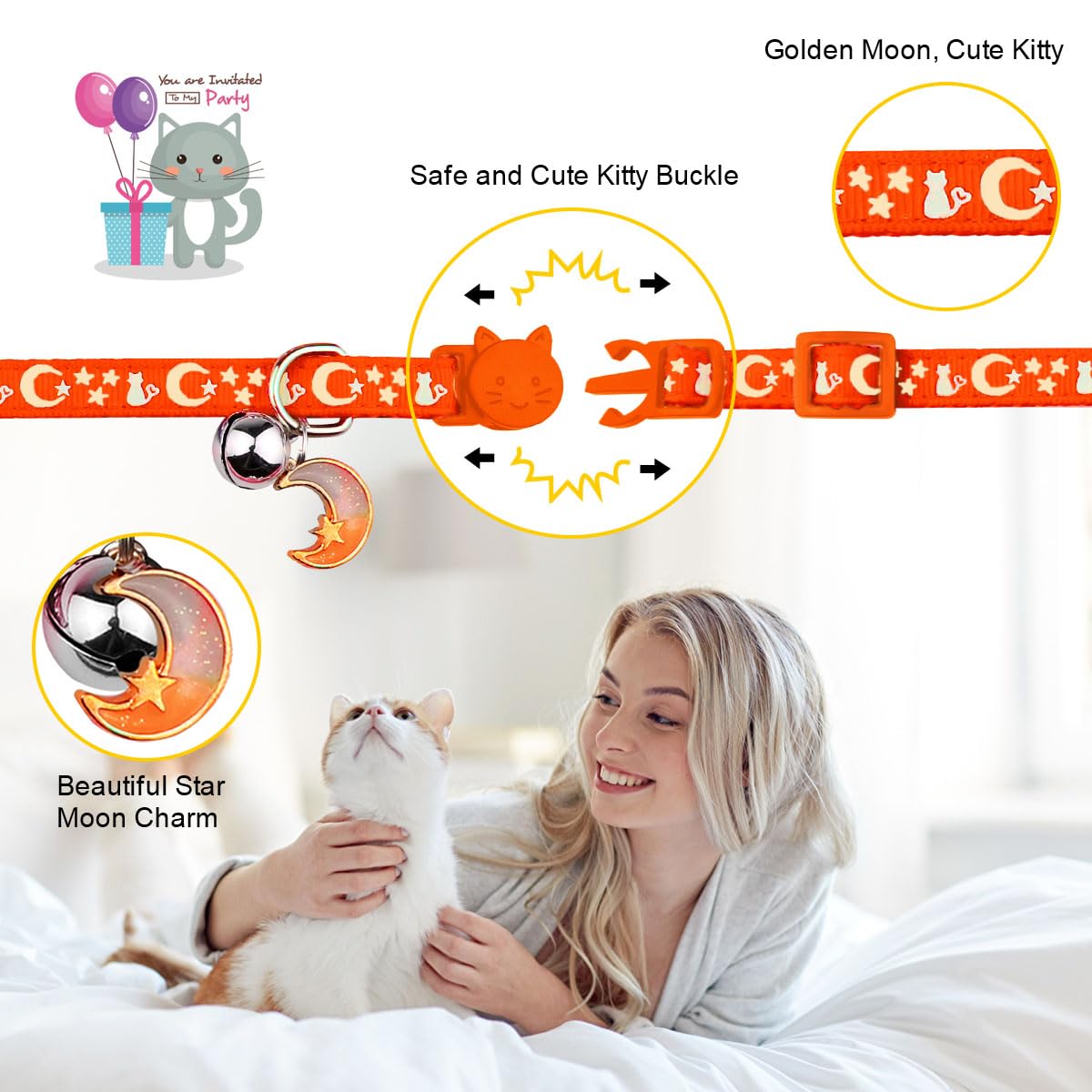 2Pcs Breakaway Cat Collars With Bell Cute Kitty Glow In The Dark Adjustable Kitten Collars(Orange&Black)