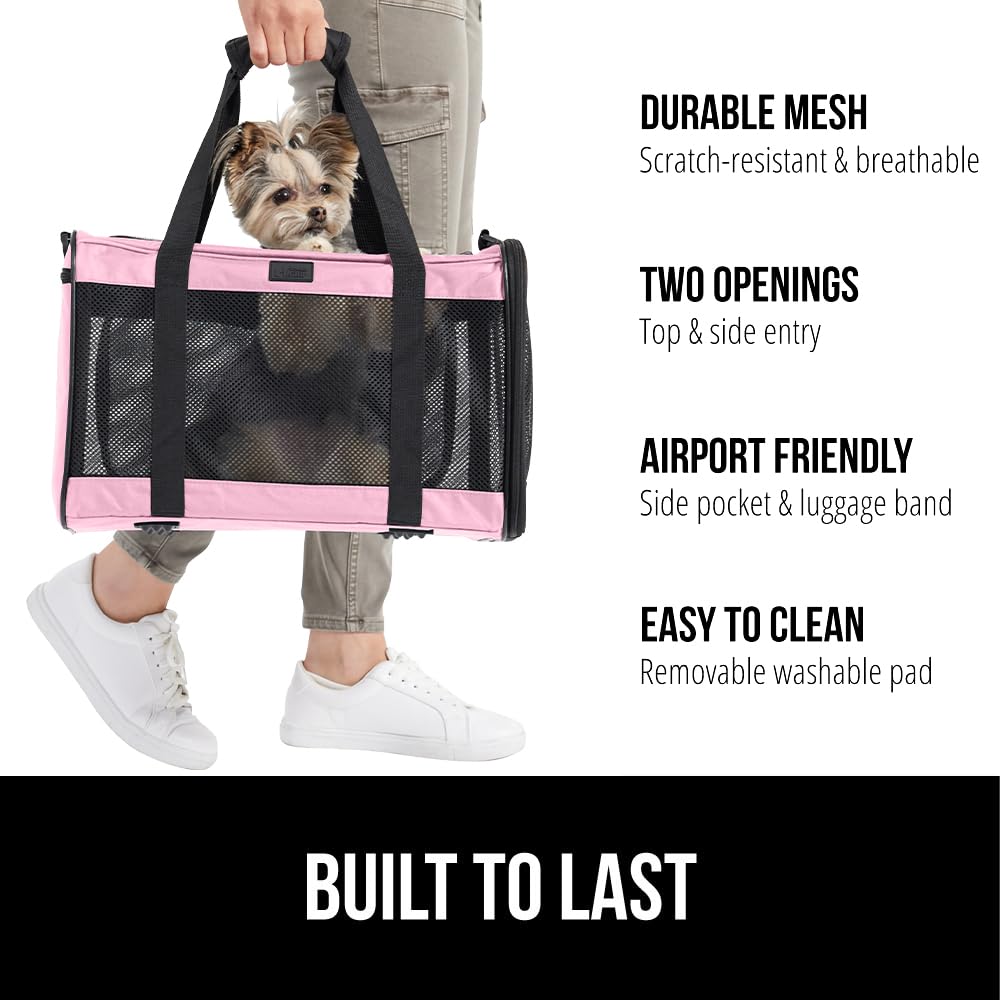 Gorilla Grip Airline Travel Cat Carrier Bag Up To 15 Lbs, Breathable Mesh Collapsible Pet Carriers For Small, Medium Cats, Small Dogs, Puppies, Portable Kennel With Soft Washable Waterproof Pad Pink