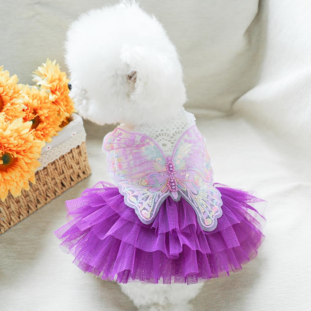 Aniac Butterfly Dog Dress With Purple Tutu Funny Doggy Clothes With Wing Girl Puppy Dress For Small Dogs Pet Butterfly Costume H