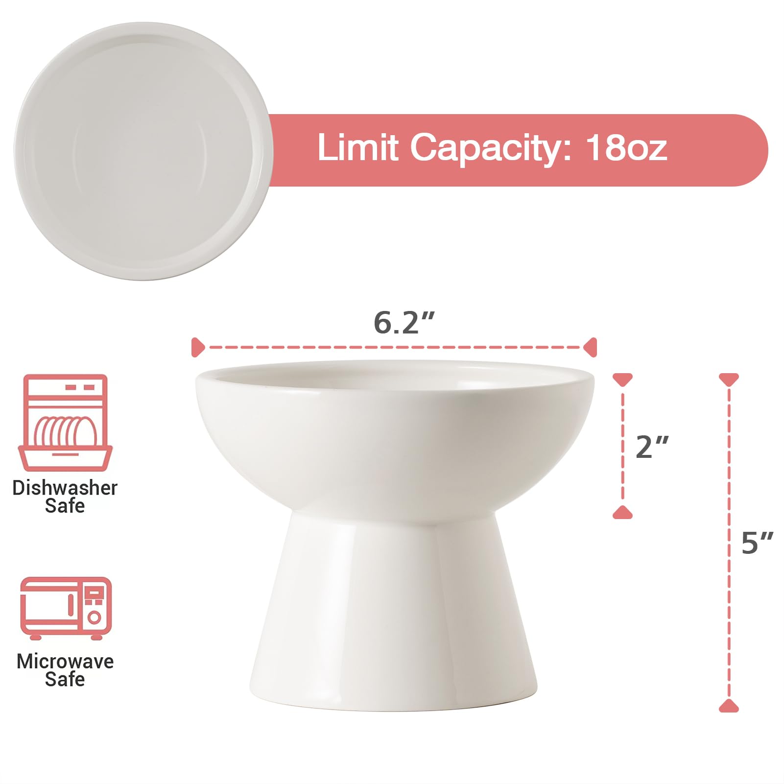 CEEFU Extra Wide Elevated Ceramic Cat Water Bowl - 6.2  Deeper Dish for Whisker Fatigue Relief, 5  Height for Easy Feeding, Lead