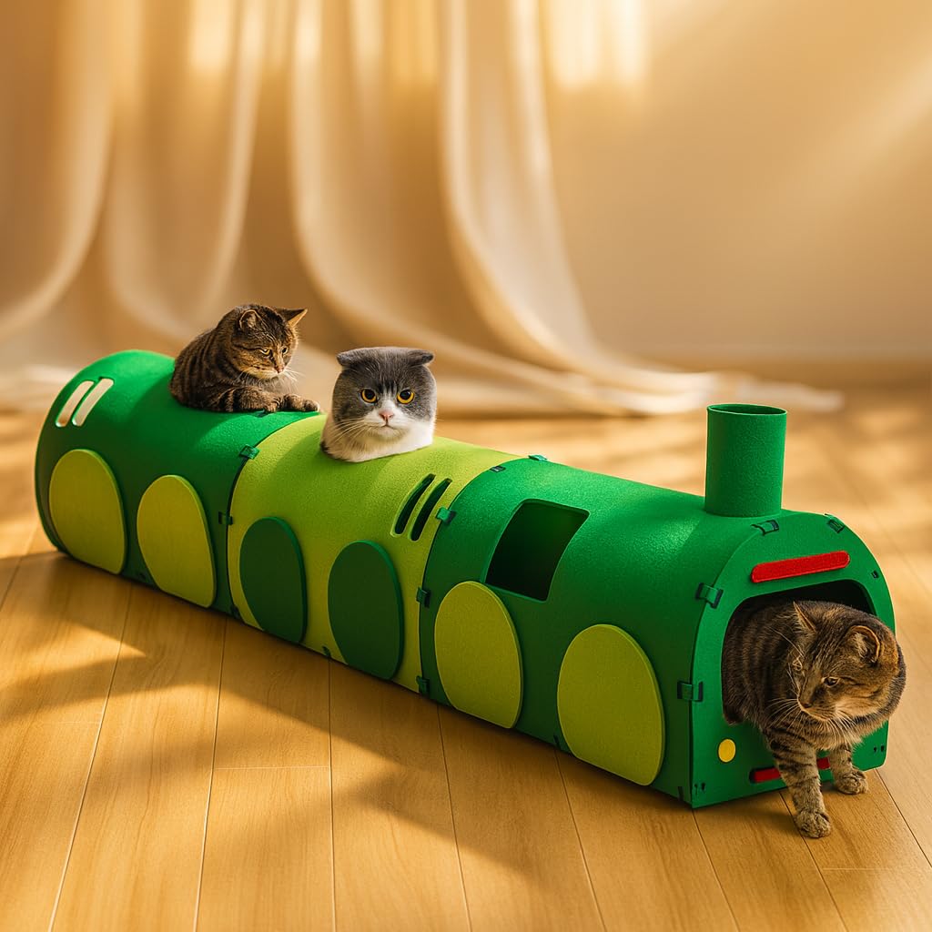 Cat Tunnel Train with Scratching Board, MODUSKYE Cat Interactive Long Tunnel 51 Non-Foldable Rebound Cute Pet Tube Round Indoor 