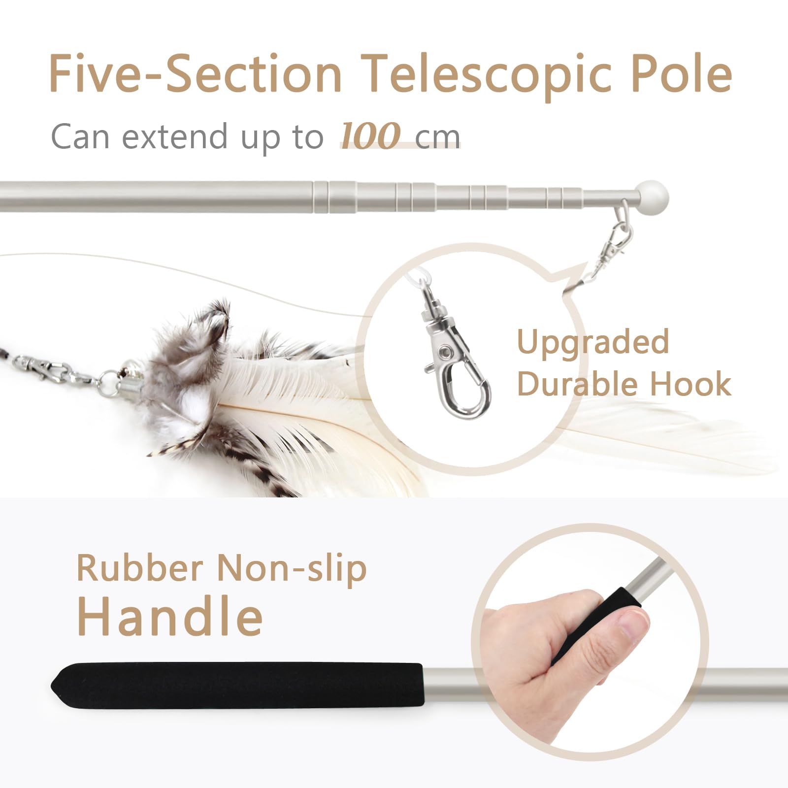 Songway Cat Feather Toys Wand - 7 Pcs Interactive Cat Toys For Indoor Cat Kitten, Retractable Cat Wand Toy With 6 Natural Feather Refills With Bell, Cat Fishing Pole Toy