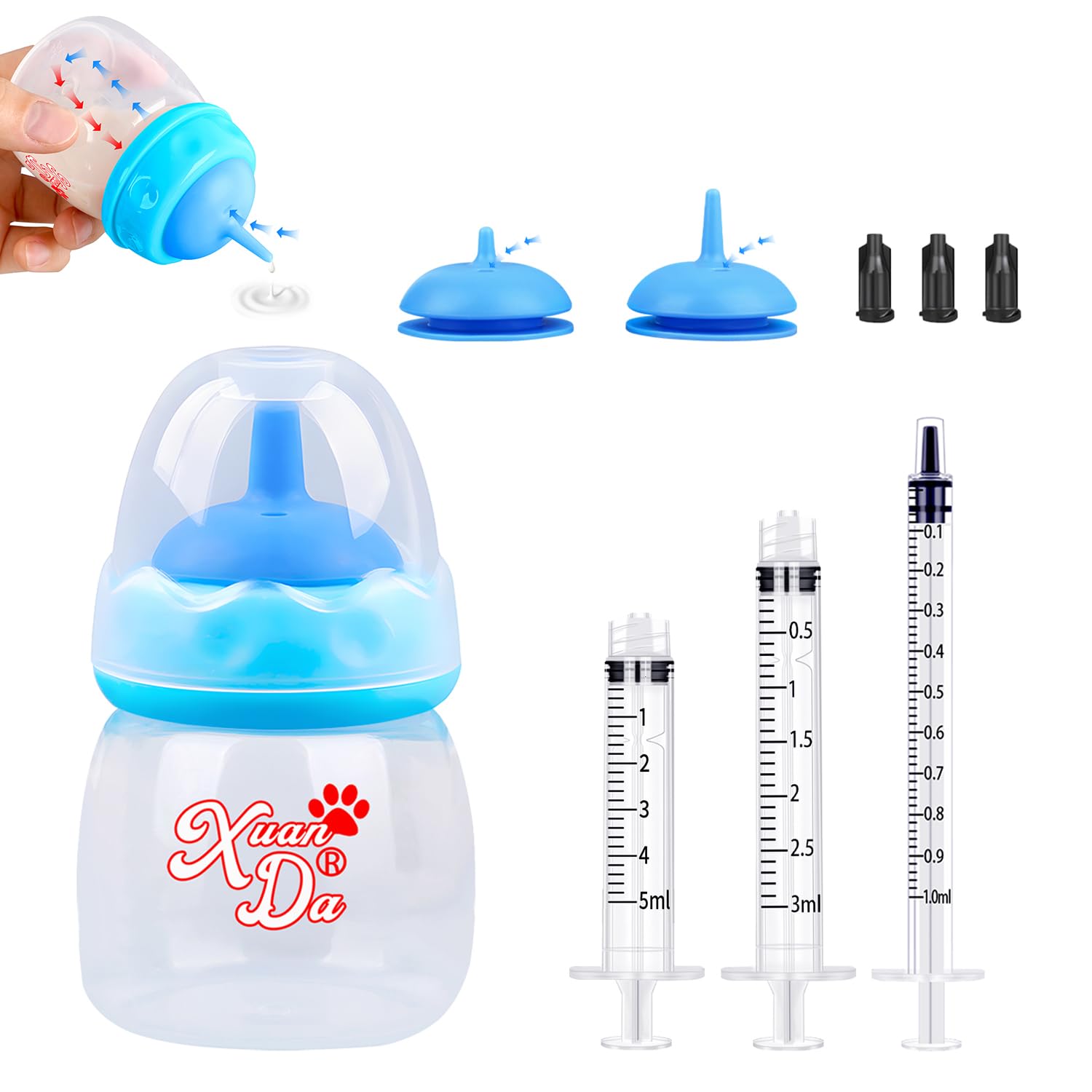 Xuanda Pet Feeding Bottle and Syringes,60ml Nursing Bottle, 3 Sizes Nipples with Ventilation Valve Resistant Tearing Perfect for