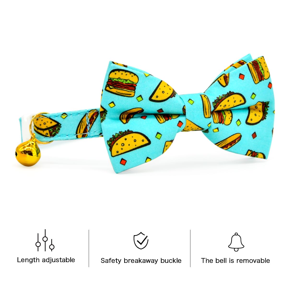 Taco Cat Collar Bow Tie Breakaway Collar, Wedding/Birthday Cat Accessories, Adjustable Bowtie, Removable Jingle Bell