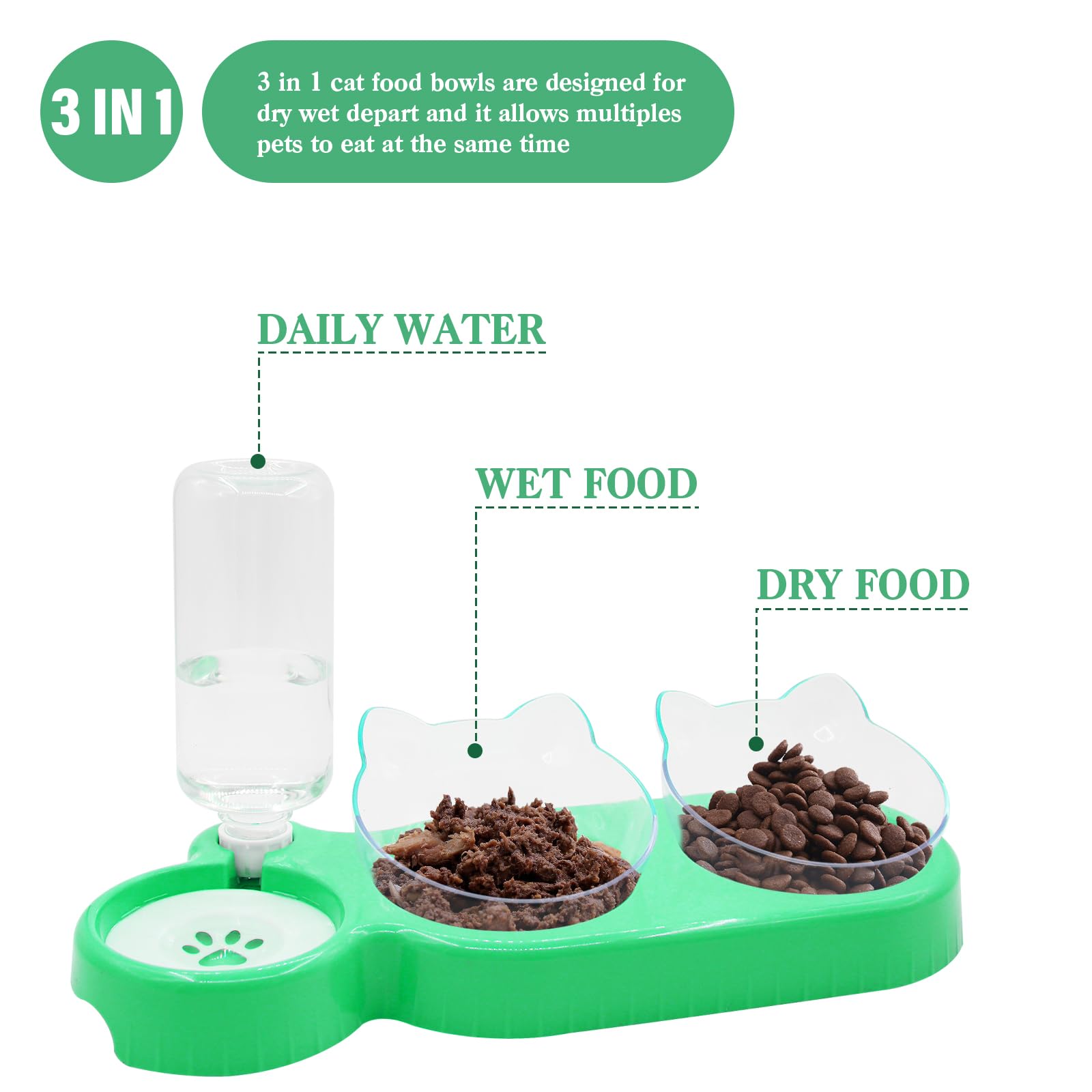 Triple Cat Bowls - 15 Tilt 3-In-1 Water Feeder Bowls With Automatic Water Bottle, Whisker Friendly Elevated Feeding Dishes For S