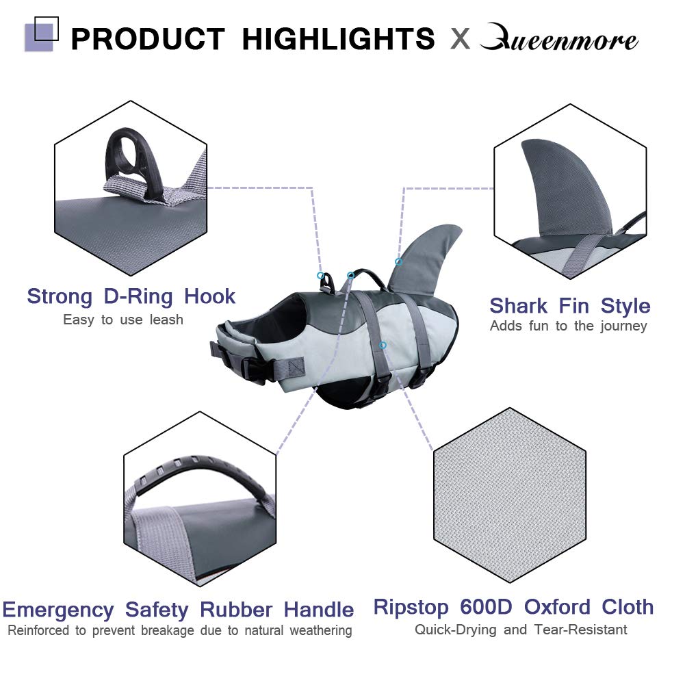 Queenmore Dog Life Jacket Ripstop Shark Dog Safety Vest Adjustable Preserver With High Buoyancy And Durable Rescue Handle For Small,Medium,Large Dogs, Grey Shark X-Small