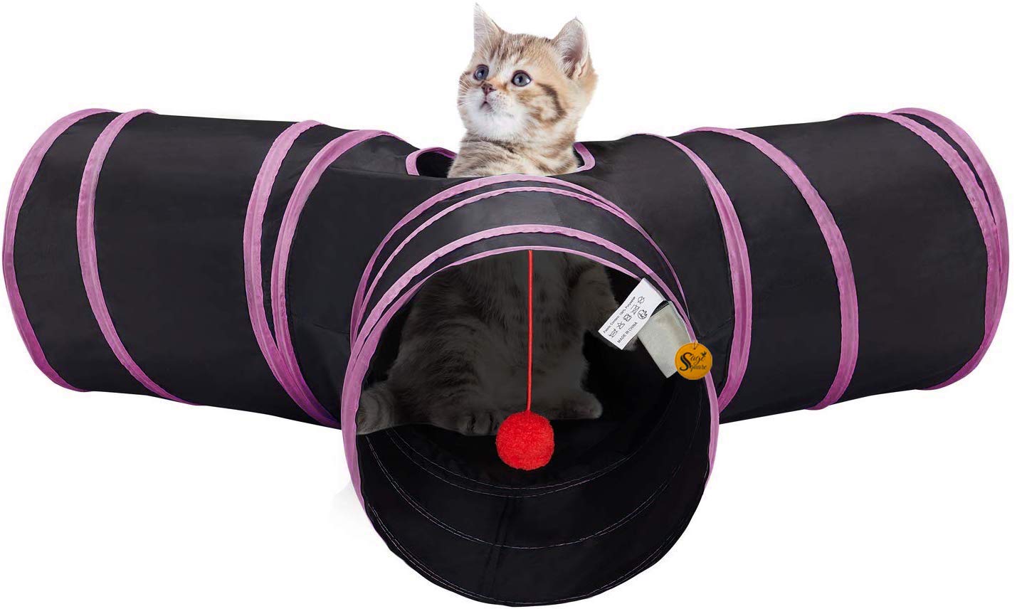 Sage Square Jumbo Collapsible Portable Sleeping Bag Exercise 3 Way Tunnel With Hanging Ball For Cat/Kitten/Puppy/Dog (Pink)