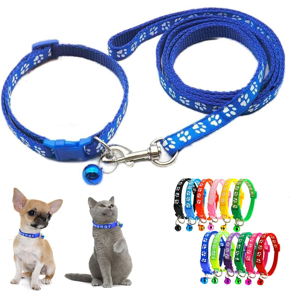 Blue Dog Collar With Bell Leash Set,Nylon Basic Reflective Puppy Collars Girls Boys Paw Print For Xxs Xs Small Cat Pet Animal Li