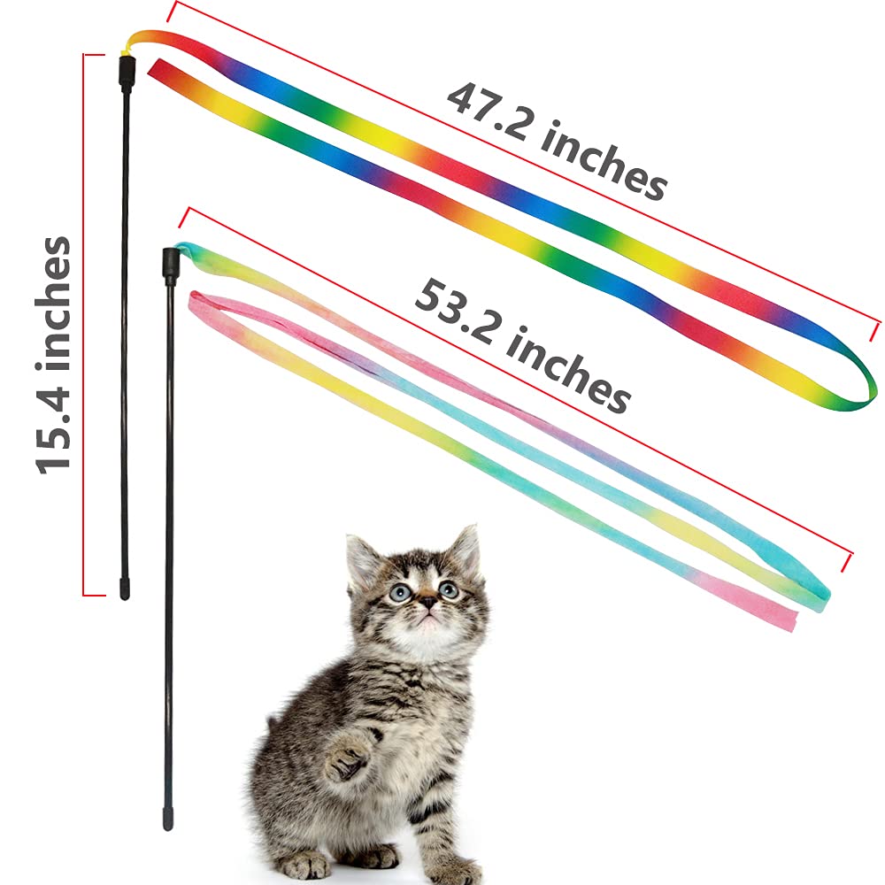 Lasocuhoo Interactive Cat Rainbow Wand Toys, Interactive Cat Teaser Wand String, Colorful Ribbon Charmer For Most Cats And Kittens - 2 Pcs