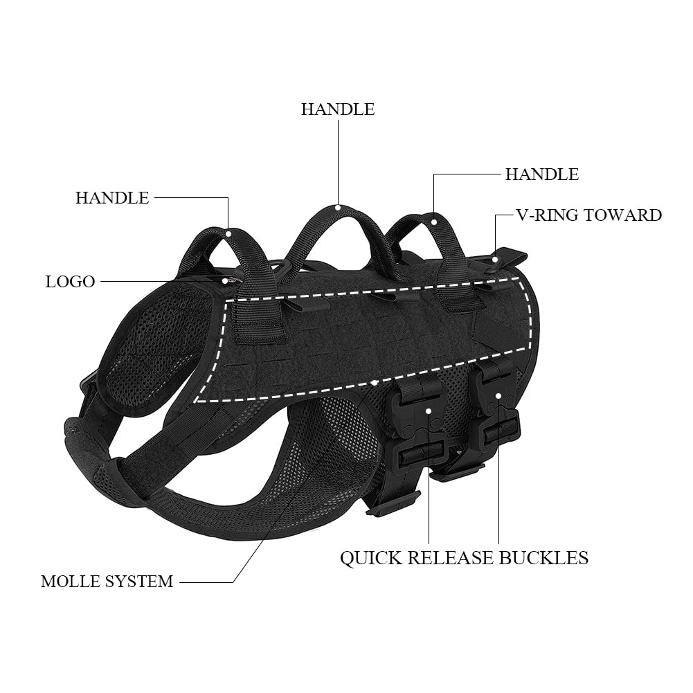 Petac Gear Tactical Dog Harness No Pull For Large Working Dogs Military Dogs Vest Police Service Training Dogs Molle Harnesses With Handle ??(Bk, L)