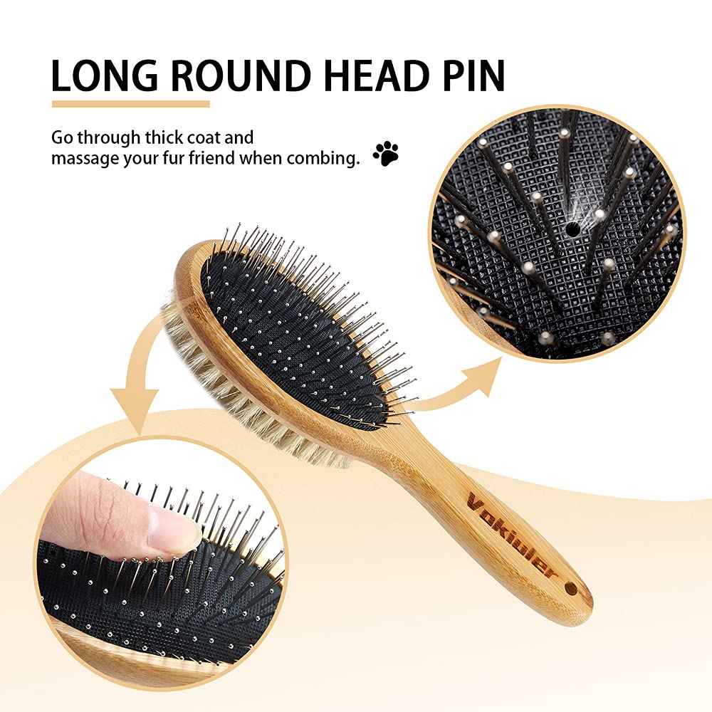 Dog Brush Cat Brush, Vokiuler Double Sided Bristle And Pin Pet Brush For Dog Grooming, Real Boar Bristle Shedding Brush With Bam