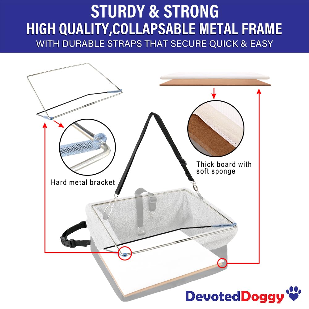 Devoted Doggy Deluxe Dog Car Seat Fits Pets Up To 15Lbs, Dog Booster Seat, Padded Cushioning, Adjustable Straps, Metal Frame Enc