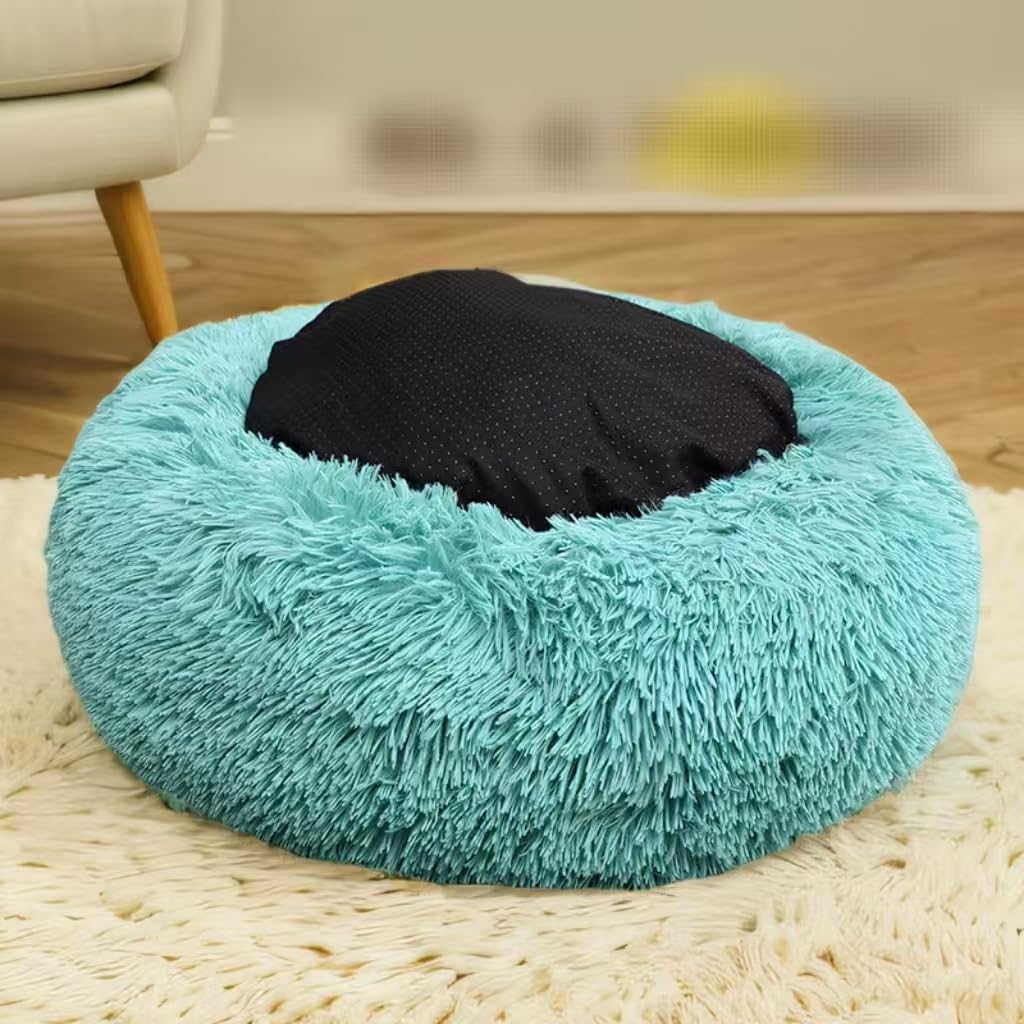 Cat Beds For Indoor Cats - Cat Bed Washable 20/24 Inches, Dog Beds For Small Medium Dogs, Anti Anxiety Round Fluffy Plush Faux Fur Cat Bed, Thick Bottom (Blue, Medium)