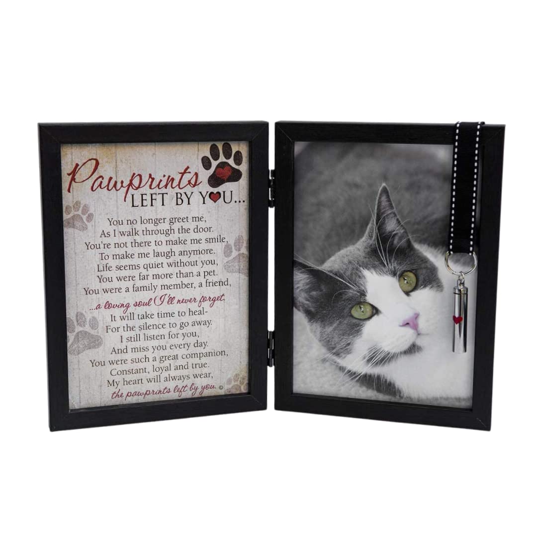 Pawprints Pet Memorial 5' X 7' Frame For Cats With Pawprints Left By You Poem (Frame With Ash Vial) - Beautiful Sympathy Gift To Remember A Beloved Cat - Pet Loss/Bereavement