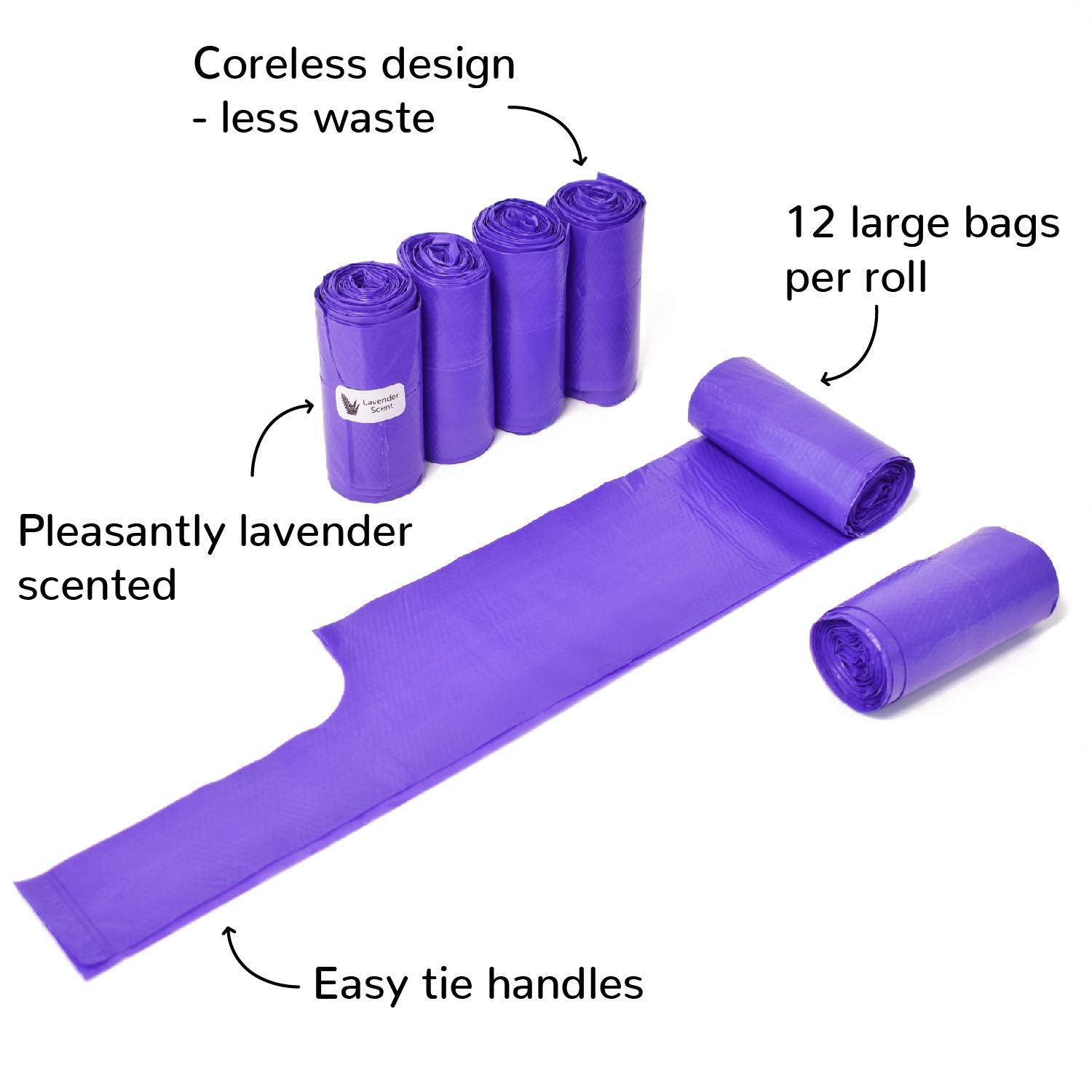 Doggie Walk Bags Large Dog Poop Bags On A Roll With Easy Tie Handles, Strong And Leak Proof Doggy Waste Bags, 72 Count, Purple Scented