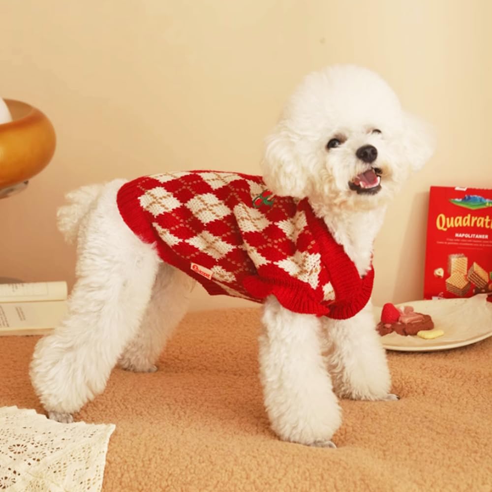 Aniac Diamond Puppy Sweater For Small Dog Girl Strawberry Turtleneck Cat Knitwear Winter Pet Clothes For Kitten Chihuahua Yorkie (Medium, Red)