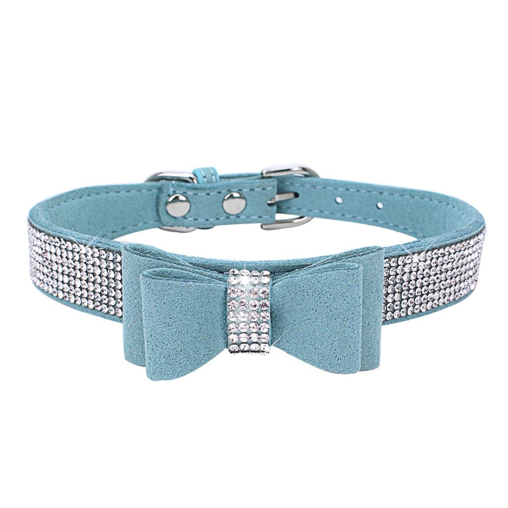 Small Dog Collar Puppy With Rhinestone Bow Knot Crystal Diamond Colorful Bling Girl Puppy Cat Collars Light Blue Xs