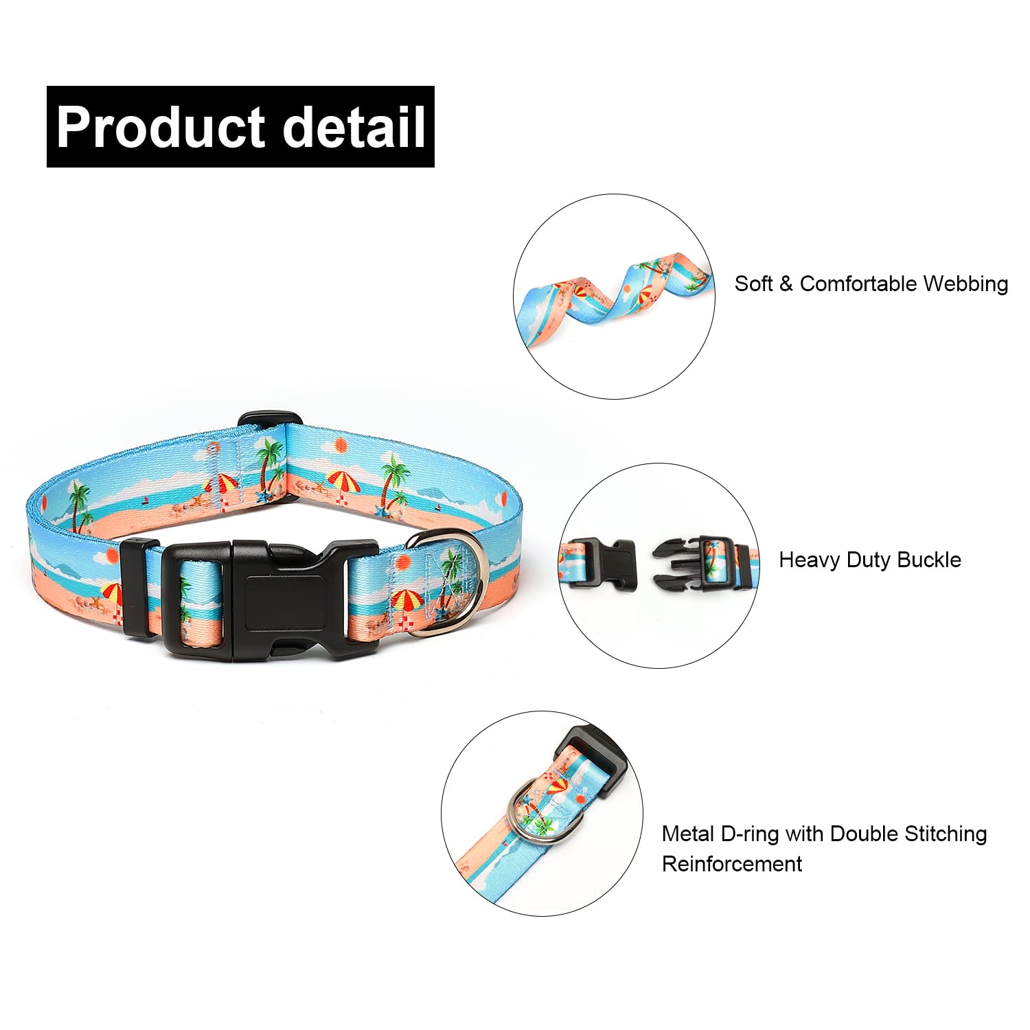 Suredoo Adjustable Dog Collar With Patterns, Ultra Comfy Soft Nylon Breathable Pet Collar For Small Medium Large Dogs (M, Summer Beach)