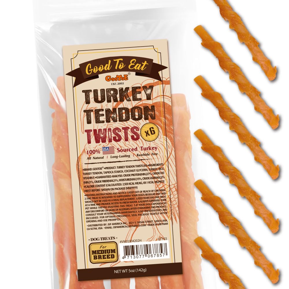 Gootoe Turkey Tendon Dog Treats, Twists (M) 5 oz, 100% USA-Sourced Turkey, Natural Snack, Premium Puppy Chews, Hypoallergenic, R