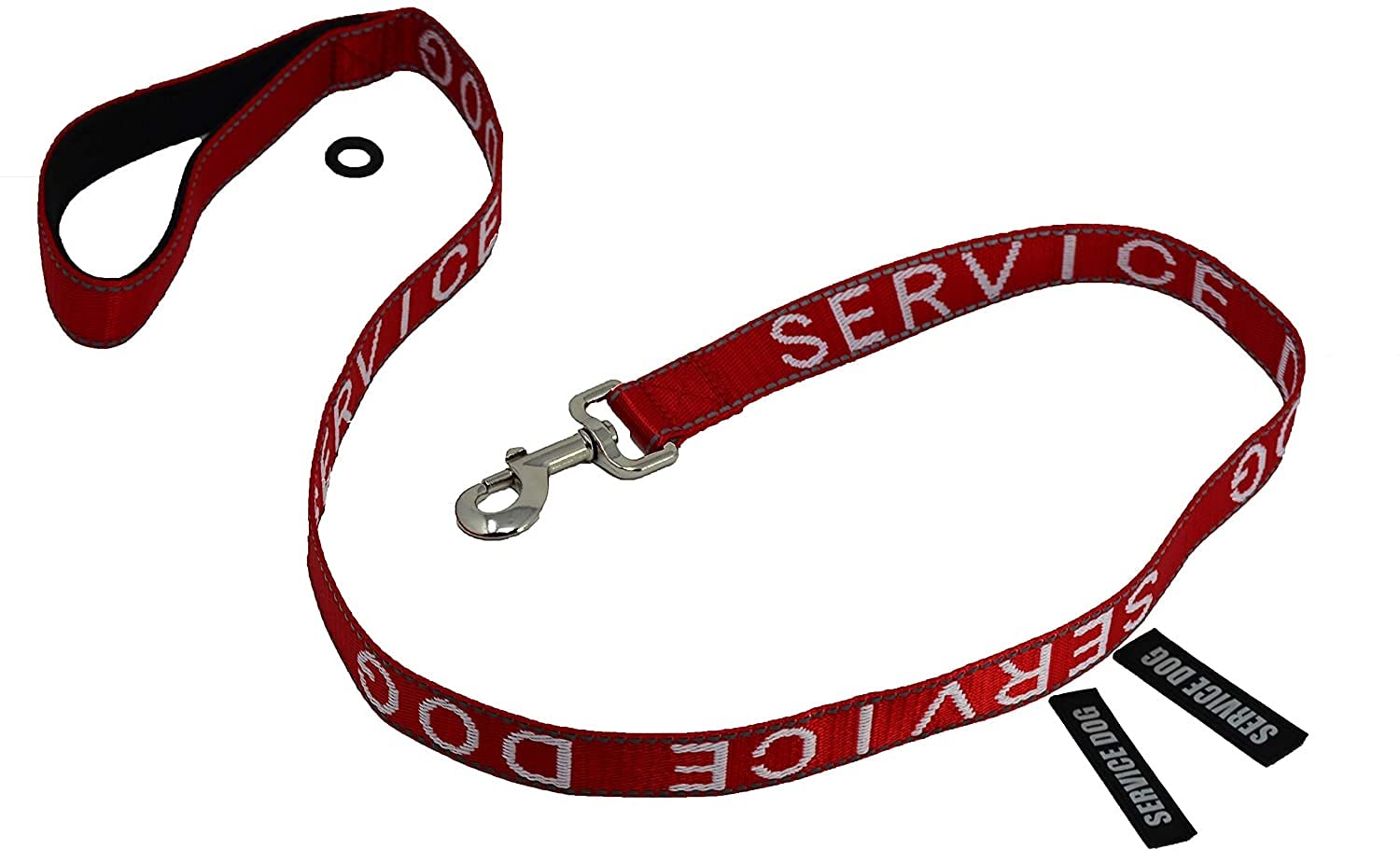 Albcorp Service Dog Leash - Embroidered- With Padded Neoprene Handle And Reflective Threads, 4 Feet, For Harnesses, Vests Or Collars, Red