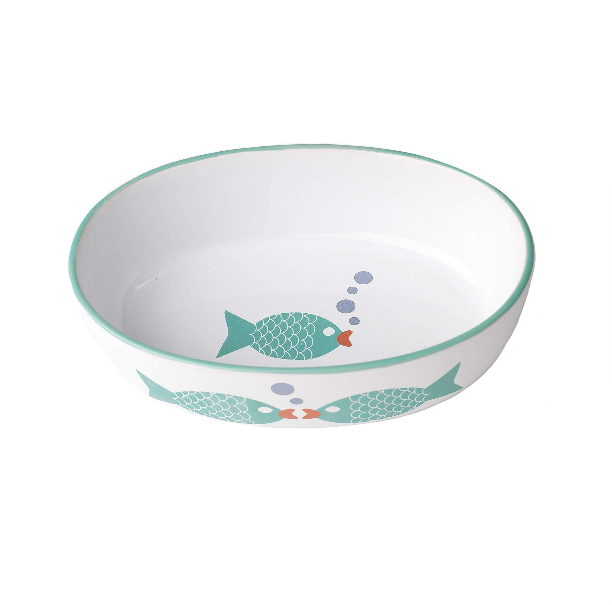 Petrageous 13057 Bubble Fish Oval Dishwasher-Safe Stoneware Cat Bowl 6.5-Inch Long 4-Inch Wide 2-Inch Tall 2-Cups Capacity For Small Cats Or Large Cats, White