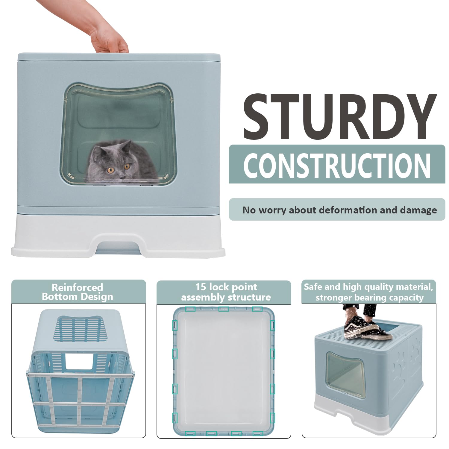 Foldable Xl Cat Litter Box With Lid, Jumbo Enclosed Cat Potty, Top Entry Anti-Splashing Cat Toilet, Easy To Clean Including Cat Litter Scoop And 2-1 Cleaning Brush (Blue) Extra Large