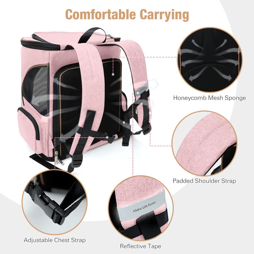 Lekereise Pet Carrier Backpack Expandable Cat Backpack For Small Dogs Cats, Dog Backpack Bag With Breathable Mesh, Pink