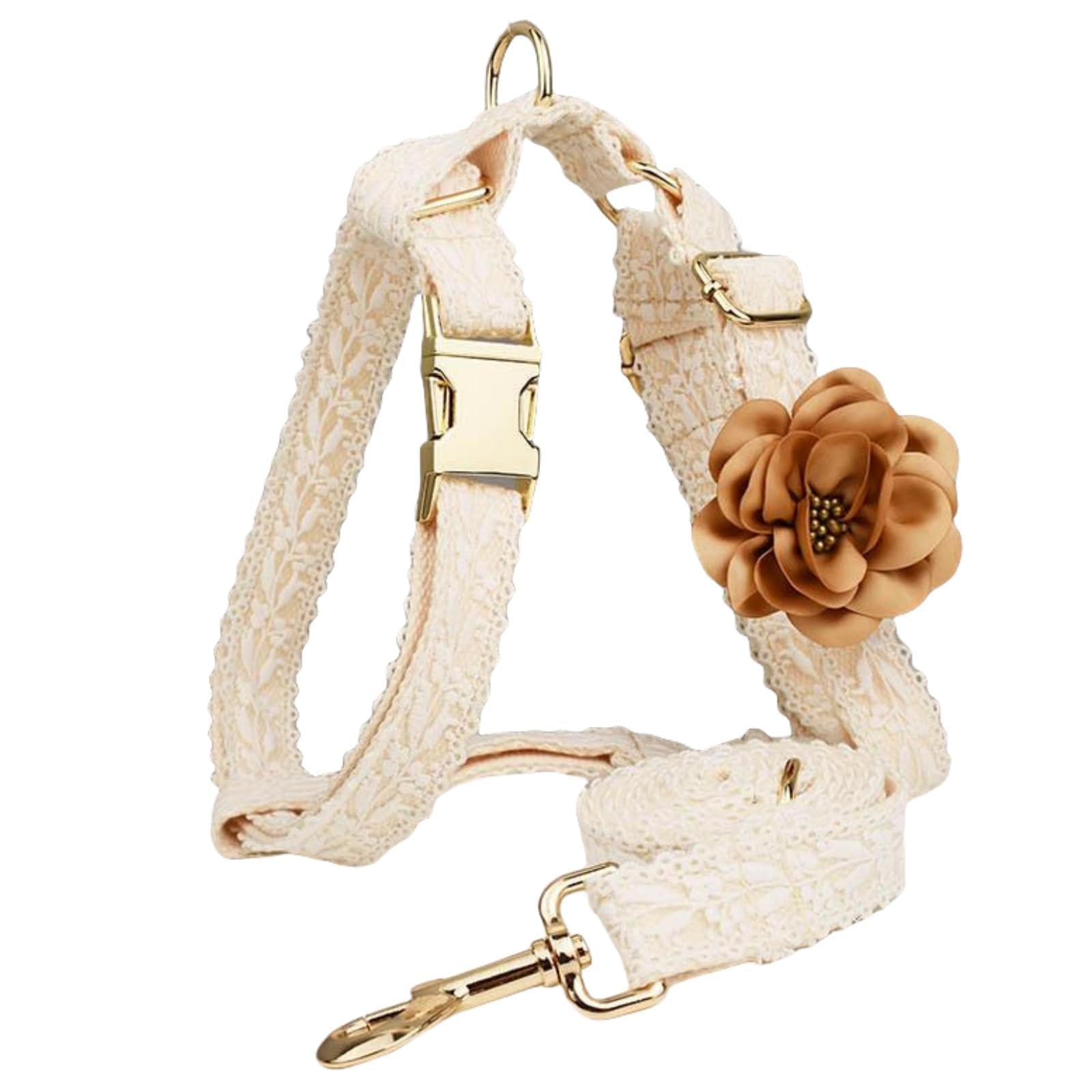 Hqrea White Dog Harness And Leash Set Adjustable Lace Harness For Girl Dogs Luxury Dog Harness No Pull With Handle & Bow Flowers