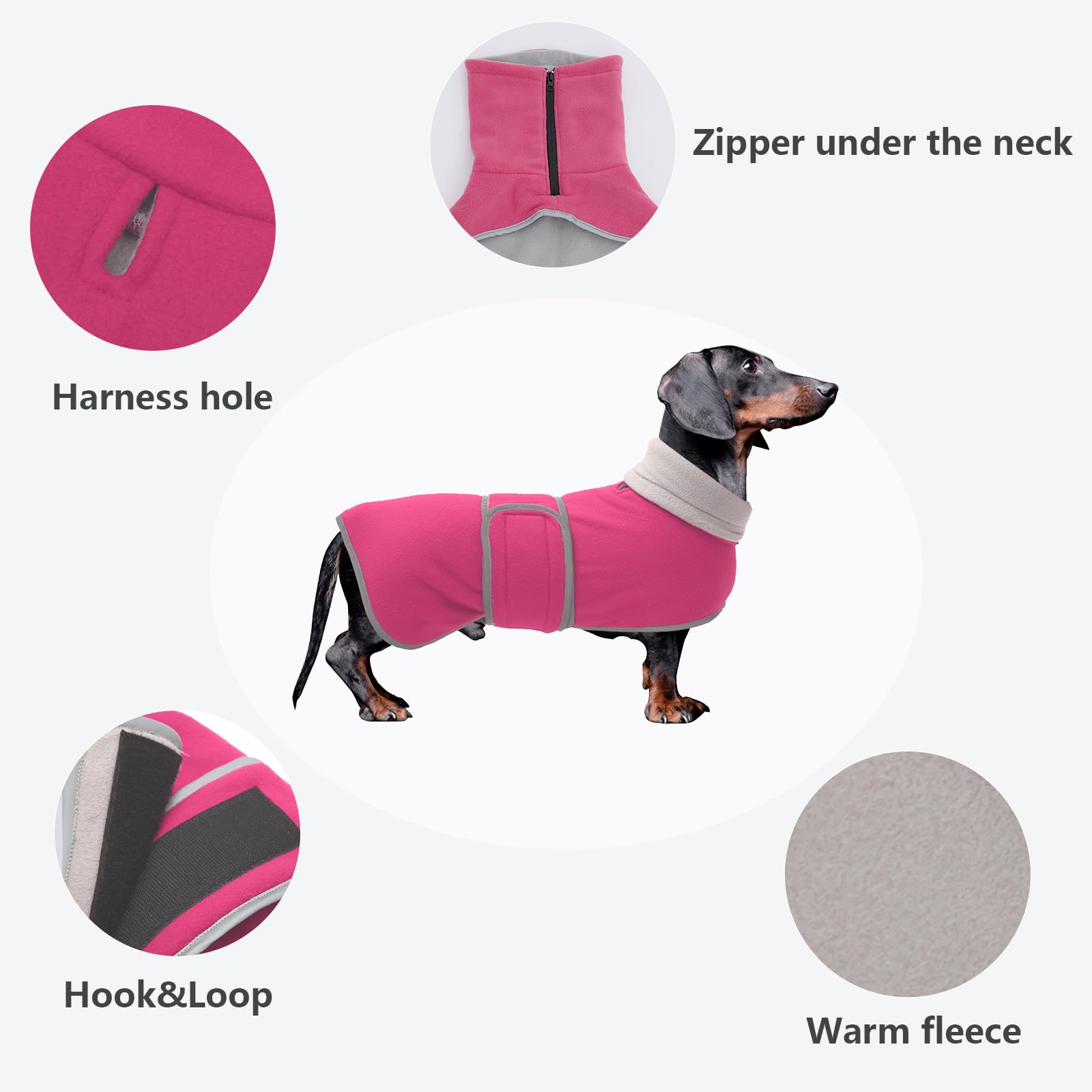 Dachshund Coats Sausage Dog Fleece Coat In Winter Miniature Dachshund Clothes With Hook And Loop Closure And High Vis Reflective Trim Safety - Pink - M