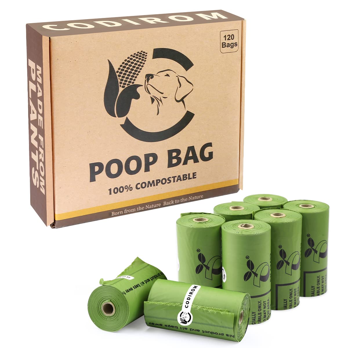 Certified Compostable Dog Poop Bags, 120 Count Landfill Friendly And Leakproof Waste Bags, Easy Open Unscented Forest Green Poop